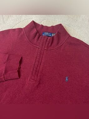 Ralph Lauren Men's Burgundy Quarter-Zip Sweater with Blue Pony